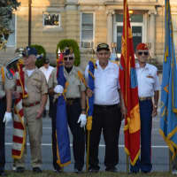 <p>The Danbury Council of Veterans Guard stands at ease at the 9/11 ceremony Friday in downtown Danbury. </p>