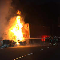 <p>The tractor-trailer fire that shut down I-87 between exits 14 and 11 this morning.</p>