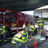 <p>The driver of a bus that collided with a tractor trailer on I-95 southbound in Norwalk Wednesday was taken to the hospital with serious injuries.</p>