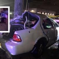 <p>The dark vehicle reportedly slammed into the white sedan early Sunday morning in North Bergen, unconfirmed reports say.</p>