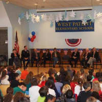 <p>Assemblyman David Buchwald speaks to students at West Patent Elementary School in Bedford Hills during the Valentines for Vets launch assembly on Thursday.</p>