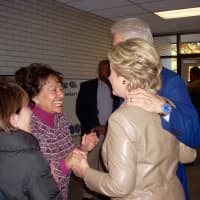 <p>U.S. Rep. Nita Lowey, left, shares a laugh with Democratic presidential candidate Hillary Clinton on Tuesday morning as the Clintons cast their votes in their hometown of Chappaqua.</p>