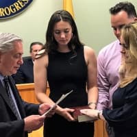 <p>Joined by her children, Sophia and Valentino, new Fairview Councilwoman Violetta Berisha is sworn to office by state Sen. Nicholas Sacco.</p>