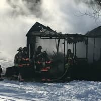 <p>A shed at 12 Jackson Drive in Danbury is destroyed by fire on Friday.</p>
