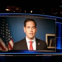 <p>Onetime candidate Marco Rubio speaks remotely to the delegates.</p>