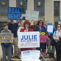 <p>Julie Goldberg, a librarian from the town of Ramapo, launches her Democratic primary race for state Senate in a district that spans parts of Rockland and Westchester counties. The announcement came outside Rockland County Courthouse in New City.</p>
