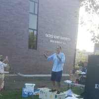 <p>Fairfield Democrats rally protesters outside a planned appearance later in the day at Sacred Heart University.</p>