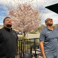 <p>Russ Donahue and Michael Mounter watch the eclipse.</p>