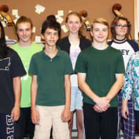 <p>Orchestra students, Charlotte Berg (violin), Akimoto Cornelius (violin), Samantha D’Angelo (viola), and Gregory Hunter (double bass); band Daniel Schuster (trumpet) and Andrew Skrzypczak (bassoon), with orchestra teacher Mary Ann Meade.</p>