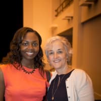 <p>Student Aid Fund keynote speaker Samantha Reid is shown with Elizabeth Clain at the June 13 Mamaroneck-Larchmont Student Aid Fund Awards ceremony.</p>