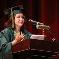 <p>Valedictorian Margaret Callery addresses graduates and audience members at Lakeland High School&#x27;s commencement exercises Saturday.</p>