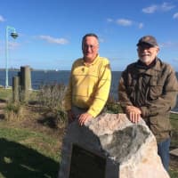 <p>Phil Blagys, former president of the Black Rock Community Council, and Stuart Sachs, who leads the Council&#x27;s Lighthouse Committee, stand at St. Mary&#x27;s By the Sea, a Bridgeport park overlooking the Black Rock Lighthouse, visible in the distance.</p>