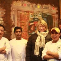 <p>Owner Bonnie Saran, far right, is shown with TV personality Martha Stewart and chefs at Little Kabab Station.</p>
