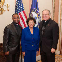 <p>Rev. Nathaniel Demosthene (left) served as Guest Chaplain and performed the opening prayer on the House floor on Wednesday, Jan, 12. He is pictured here with Rep. Nita Lowey and the Chaplain of the House of Representatives Reverend Patrick J. Conroy,</p>