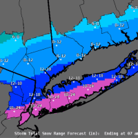 <p>The map shows snowfall totals of 6 to 12 inches across most of southern Connecticut and the Hudson Valley.</p>