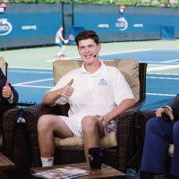 <p>Will Weinbach, center, with Patrick McEnroe, left, and Trey Wingo, during his ESPN appearance.</p>