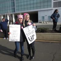 <p>Lisa Boyne, right, protests with her daughter, Kristen Alafriz, at the Stamford march.</p>