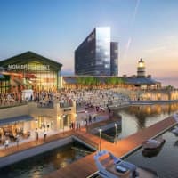 <p>An artist&#x27;s rendering of MGM Bridgeport show a 10-story hotel that would be built on the former Carpenter Technology property off Seaview Avenue, with a boardwalk, casino and retail space.</p>