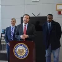 <p>U.S. Sen. Chris Murphy (D-Conn.) at the Stamford Train Station with Connecticut Transportation Commissioner Jim Redeker (left) and State Rep. Terry Adams (right).</p>