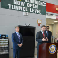 <p>U.S. Sen. Chris Murphy (D-Conn.) at the Stamford Train Station with Connecticut Transportation Commissioner Jim Redeker and State Rep. Terry Adams</p>