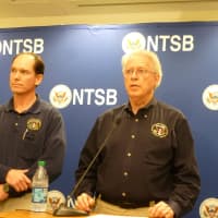 <p>NTSB members Earl Weener, right, and Michael Hiller during a press conference Saturday about Friday&#x27;s Metro-North train crash on the Bridgeport/Fairfield border.</p>
