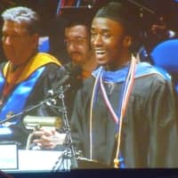 <p>Westchester Community College Student Governement President Taje Champagnie speaks at the 65th commencement at the County Center.</p>
