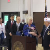 <p>Linda Puglisi and the Cortlandt Town Board received a plaque honoring their becoming the first Purple Heart town in New York State.</p>