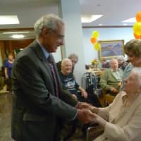 <p>Hastings Village Justice Joseph DiSalvo and longtime friend of Annetta Bigley at Bigley&#x27;s 107th birthday party in Hasstings.</p>