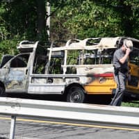 <p>A school bus caught fire on I-684 in Goldens Bridge on Friday morning.</p>