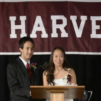 <p>William Shaffer of Bedford (left) and Kiersten Wittmann of Cortlandt Manor, the top eighth-grade scholars at Harvey, shared their address to students.</p>