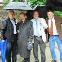 <p>Mamaroneck Village Mayor Norman Rosenblum (left) and Village Manager Richard Slingerland (right) tour flood-prone areas with U.S. Army Corp of Engineers representatives.</p>