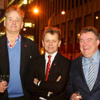 <p>Chef Peter Kelly, left, pictured with Bill Murray and Mikhail Baryshnikov at the Slovenia Vodka launch party.</p>