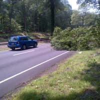 <p>A fallen tree blocks the right lane of the Merritt Parkway in Norwalk on Thursday. </p>
