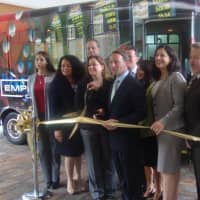 <p>Officials celebrate a new free shuttle service that will take guests from 12 Westchester hotels to the Empire City Casino in Yonkers.</p>