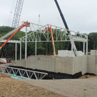 <p>This photo the new facility under construction at the Westport Weston Family Ys Mahackeno campus was taken from the northeast corner of the building and shows the steel trusses being hoisted into place.</p>