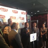 <p>Yonkers Mayor Mike Spano celebrates the opening of Alamo Drafthouse Cinema.</p>