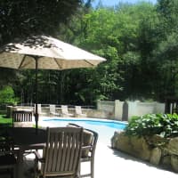 <p>The view from the dining room to  the pool at 229 Byram Lake Road</p>