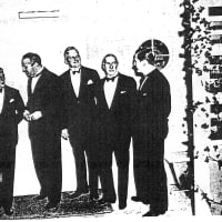 <p>Celebrities at the Opening of Future House. Left to right: President Swope; the Hon. Langdon W. Post, chairman, NYC Housing Authority; Jay Downer, director, Rockefeller Center; Julian Gerard, Regional Administrator, F.H.A.; and Nelson Rockefeller.</p>