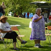 <p>Frieda Jacques of the Onandoga Nation speaks at Croton Point Park Tuesday. </p>