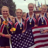 <p>Greenwich&#x27;s Galen Hughes, second from right, and coach Liz Trond, right, celebrate with other members of the crew that won a gold medal at the World Rowing Junior Championships earlier this month.</p>
