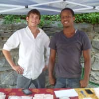 <p>Jordan DeJong, left, the founder and president of &quot;Hope Soaps&quot;, and his friend Sean Jones at the Dobbs Ferry Farmers Market.</p>