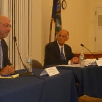 <p>Bob Bernstein, left, and Greenburgh Town Supervisor Paul Feiner squared off in a pre-primary debate in Hastings.</p>