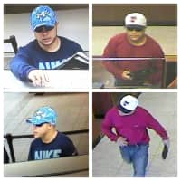 <p>The suspect is wearing a blue shirt in the Bank of America robbery, at left, but changed into a red shirt to rob the Chase Bank a few minutes later, Fairfield police said.  </p>