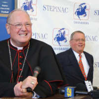 <p>Cardinal Dolan gives a press conference after his mass at  Archbishop Stepinac High School</p>