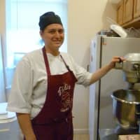 <p>Irvington&#x27;s Lidia Racanelli at her work station mixing machine, part of the extended kitchen at Lidia&#x27;s Bakeshop &amp; Cafe.</p>