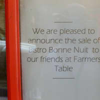<p>The sign in the door at New Canaan&#x27;s Bonne Nuit alerting patrons of the move.</p>