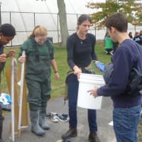 <p>Hastings High School science teacher Melissa Shandroff, second from right, gets her team ready to wade into the Hudson River to gather samples.</p>