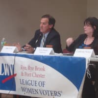 <p>Westchester County District 7 candidates John Verni and Catherine Parker discuss county issues at a forum in Harrison.</p>