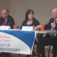 <p>County District 6 candidates David Gelfarb (left) and Mark Jaffe discuss Westchester taxes.</p>