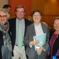 <p>Louise Berry, second from right, the outgoing director of Darien Library, talks with (left to right) Ann Manel, George Wyper and Amy Cholnoky.</p>